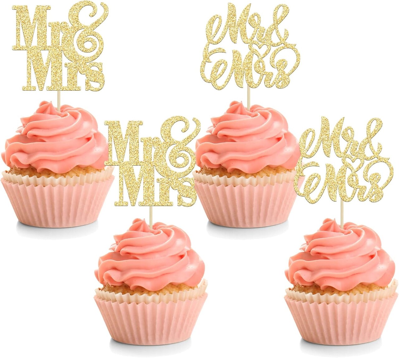 24PCS Gold Glitter Mr & Mrs Cupcake Toppers – Bridal Shower & Wedding Picks, 2.4"x4.3"